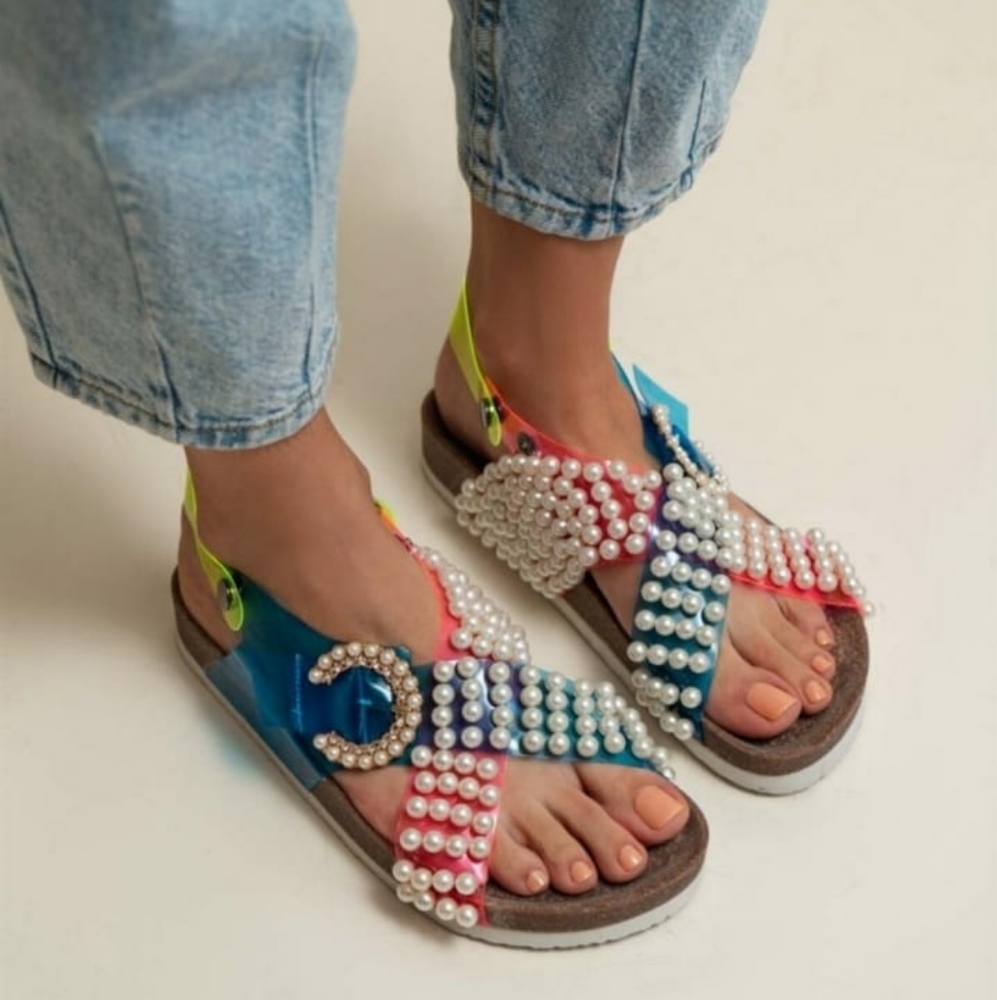 Blue powder green pearl detail sandals